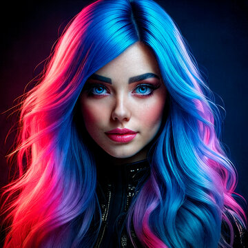 Mulher com cabelos neon azul e rosa em estilo art&iacute;stico futurista