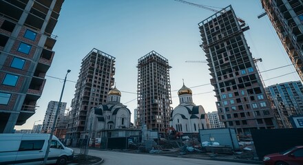 Urban Development High-Rise Construction and Religious Building in Progress