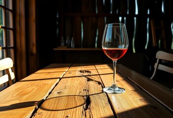 Rustic wooden table, wine glass, sunlight, shadows, old, illumination
