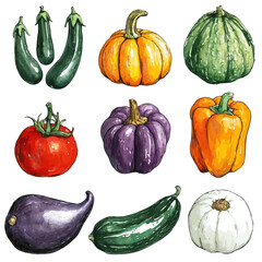 Colorful Harvest Vegetables, watercolor painting vector, isolated on a white background.