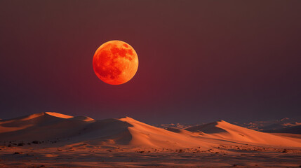 Enchanted Red Blood Moon Above Desert Dunes