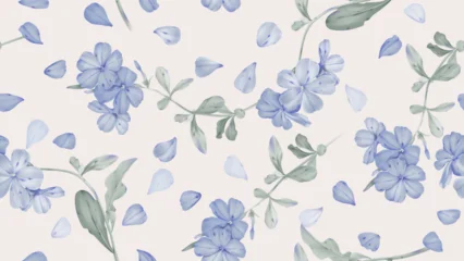Gordijnen Bladeren Floral seamless pattern features clusters of watercolor illustrations of Cape leadwort flowers and grayish-green leaves with individual petals scattered across a soft pink background  © momosama