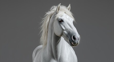 Obraz premium White Horse Portrait, Elegant Equine Photography, Majestic Animal Image, Studio Shot of a Grey Horse, Purebred Stallion, Noble Animal, Horse Head Close Up, Animal Photography 