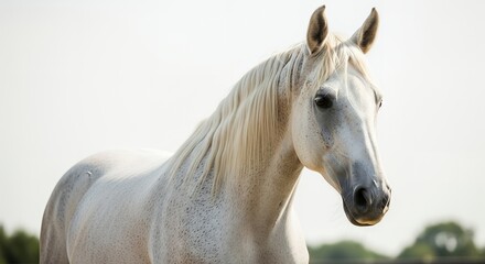 Fototapeta premium White Horse Portrait, Equestrian Photography, Animal Image, Equine Beauty, Elegant Horse, Farm Animal, Mammal, Nature, Wildlife, Light Grey Horse, Blond Mane, Horse Headshot, 