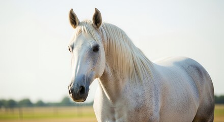 Obraz premium White Horse Portrait, Equine Photography, Animal Image, Light Grey Coat, Blonde Mane and Tail
