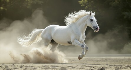 White Horse Running in Dust, Dynamic Equestrian Photography, Powerful Animal Image