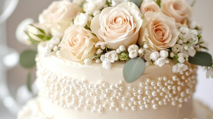 Elegant tiered wedding cake adorned with delicate pearls and floral arrangements
