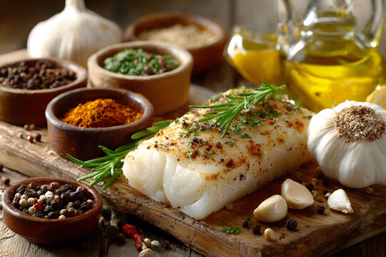 Codfish with seasonings on a wooden tabletop with oter components