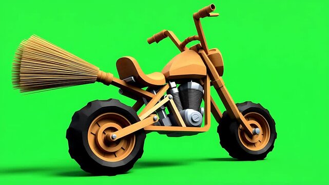 Whimsical Wooden Motorcycle with Broom Tail - Green Screen
