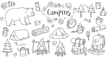 Obraz premium Hand-Drawn Camping Elements Vector Illustration for Outdoor Adventure Theme