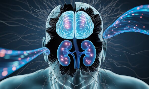 Abstract 3D Render of Human Brain and Kidneys with Glowing Neural Connections and Energy Flow. Medical, Science, Technology Concept. - Powered by Adobe
