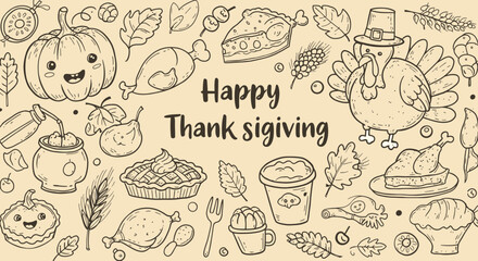 Doodle Thanksgiving Illustration with Pumpkins Turkey and Festive Elements