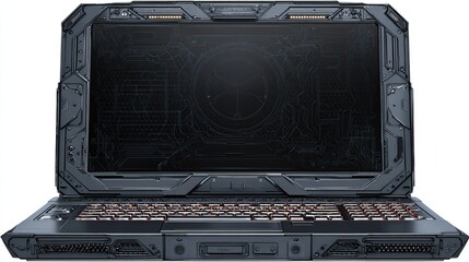 Ornate, dark laptop with geometric detail and a complex circuit-like screen