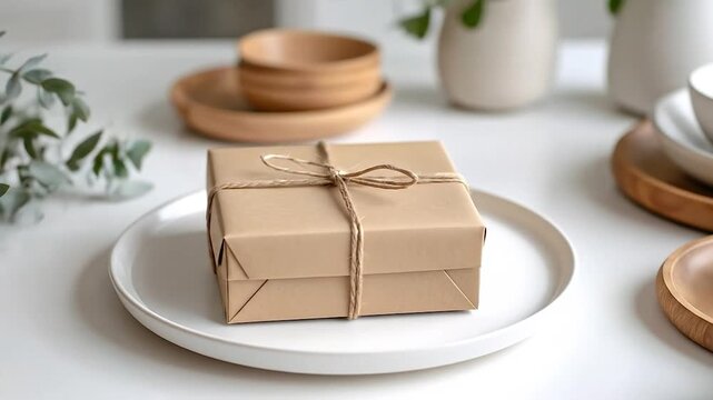 Wrapped gift on white plate