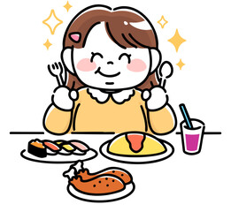 美味しそうにご馳走を食べる肥満体型の女の子