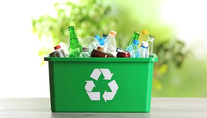Green recycling bin filled with various plastic and glass bottles and cans