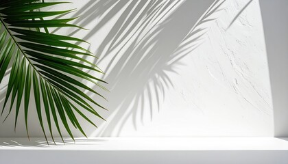 Fototapeta premium A bright, minimalistic scene with a vibrant green palm frond casting intricate shadows on a textured white wall. Shadows and light emphasize shapes