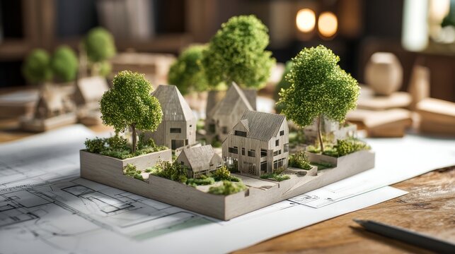 Dreaming of eco friendly homes architectural model showcasing sustainable design with miniature trees in neighborhood setting blueprint details