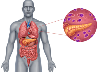 Human anatomy illustration highlighting the pancreas within the digestive system, detailed close-up view included.