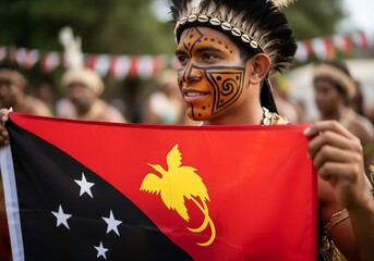 Young Papua New Guinean man in traditional attire holding the national flag on Independence Day.