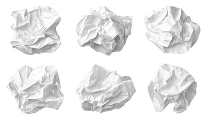 Fototapeta premium Crumpled white paper balls. Nine crumpled sheets of white paper, varying in shape and texture, arranged in a grid. Each piece is isolated
