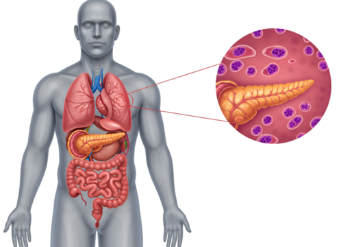 Human anatomy illustration highlighting the pancreas within the digestive system, detailed close-up view included.