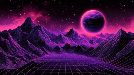 A retro synthwave landscape features jagged violet mountains under a starry night sky with a large, purple planet and a grid