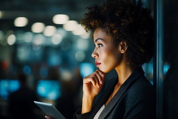 Thoughtful African American Businesswoman Holding Tablet in Modern Office at Night
