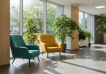 Inviting waiting area with modern armchairs and lush plants provides a calming and professional atmosphere for offices and businesses.