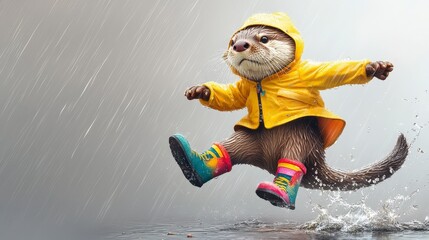 Otter wearing a yellow raincoat and colorful boots jumping in a puddle during a rain shower day