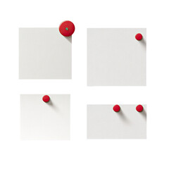 Four blank square notes, each with a red pushpin.  Different pin placements on each note.  3D illustration style