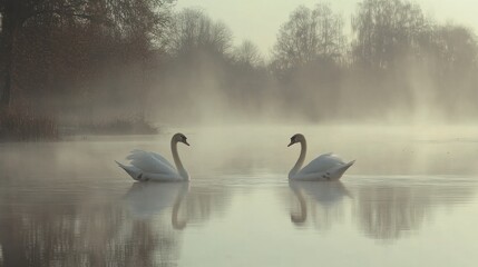 Fototapeta premium Misty Morning Swans on Calm Lake