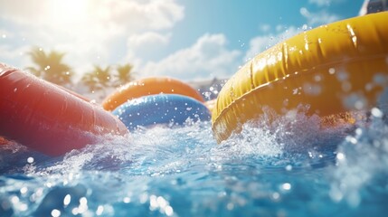 Colorful inflatable water toys splashing in a pool