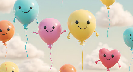 Happy colorful cartoon balloons with smiling faces floating in a cloudy sky