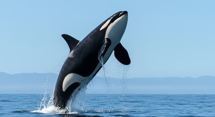 Obraz premium Orca breaching ocean water clear sky