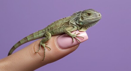 Fototapeta premium Small green iguana perched delicately on a manicured finger against a soft purple background