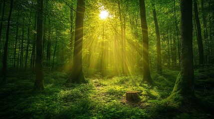 Lush green forest with sunlight streaming through the canopy, illuminating the undergrowth and a tree stump