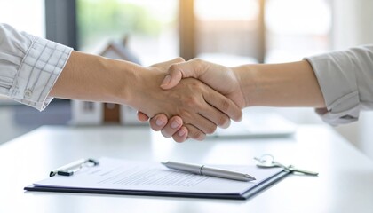 Two people shaking hands over paperwork on a white desk in a bright room. A small model house sits blurred in the background, suggesting a real estate deal