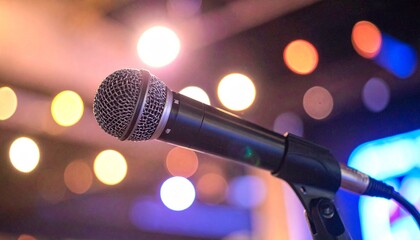 Obraz premium Stage Microphone Closeup Concert, Performance, Audio, Music, Lights