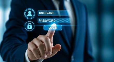 Businessman pressing a login button on a virtual screen for cybersecurity and data access.