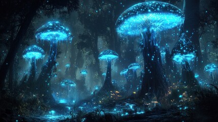 Naklejka premium Glowing mushroom forest at night