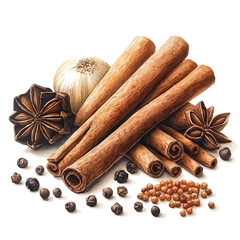 Cinnamon Sticks And Spices, watercolor vector, isolated on a white background.