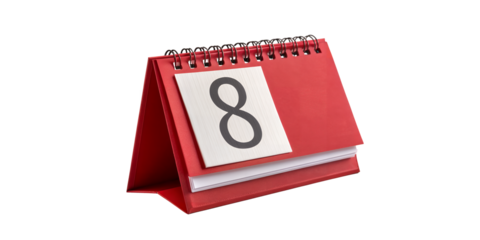 Desk Calendar: The number eight boldly displayed on a sleek red desk calendar, symbolizing a specific date and an organized approach to scheduling and planning.