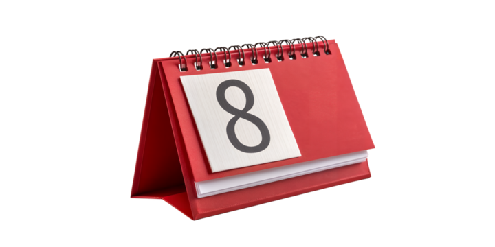 Desk Calendar: The number eight boldly displayed on a sleek red desk calendar, symbolizing a specific date and an organized approach to scheduling and planning.