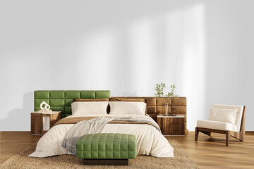 Fototapeta na wymiar Isolated PNG full bedroom set with green padded bench, modern bed, and accent chair on transparent background with shadow