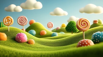 A whimsical landscape featuring rolling green hills dotted with colorful lollipops and candy-like structures under a bright blue sky