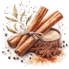 Cinnamon Sticks And Spices, watercolor painting vector, isolated on a white background.