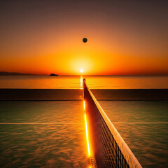 A tennis ball floats above the net on a seaside court, illuminated by the golden glow of a breathtaking sunset. 