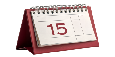 The fifteenth day on calendar: A detailed studio shot of a calendar, prominently displaying the number 15 on its page, signifying a specific date within the month. The calendar rests on a sturdy base.