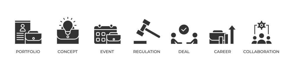 Professional Growth Journey Icons set vector illustration glyph with Portfolio, Concept, Event, Regulation, Deal, Career, Collaboration